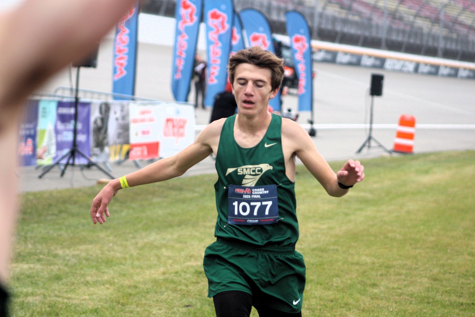 Monroe St. Mary Catholic Central sophomore Christian Craanen crosses the finish line third in the Division 3 race. That’s a boost from the 14th place he recorded in 2024 as a freshman.