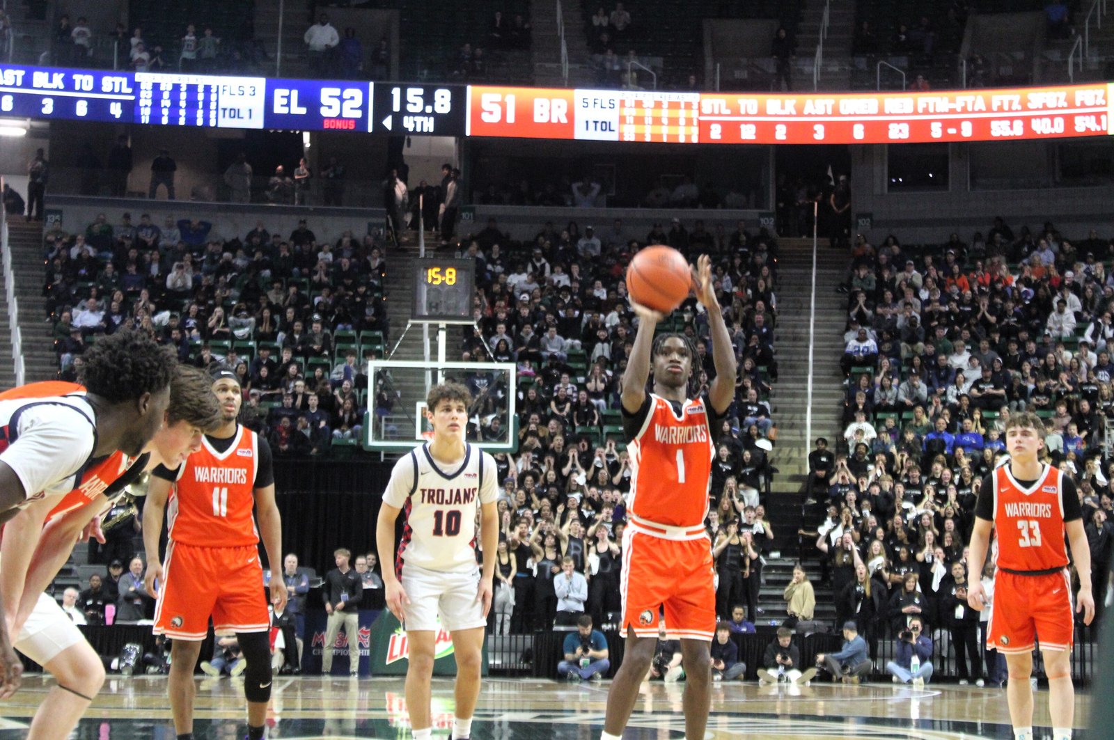 It’s doubtful that Jordan McDaniel has ever made a clutch free throw more than this one, which tied the semifinal contest between Brother Rice and East Lansing at 52 points with 16 seconds to play.