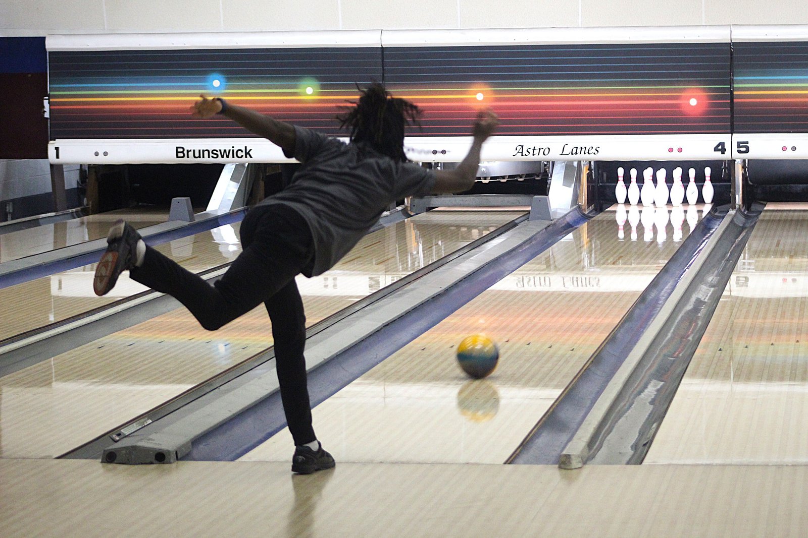 Cody Champion lets the ball fly in the final frame of Loyola’s match against Chesterfield Austin Catholic on Feb. 2. Champion had scores of 246 and 192 in the Catholic League dual match at Astro Lanes.